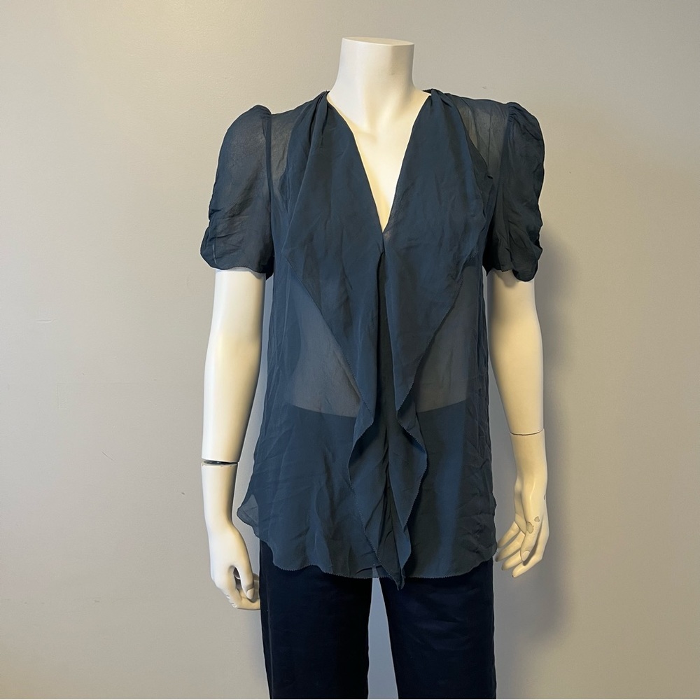 Babaton Aritzia 100% silk teal ruched short sleeves blouse ruffle v neckline S